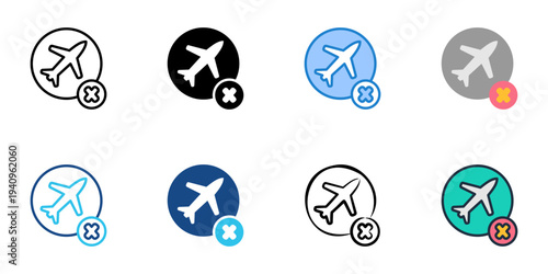 Trip Cancellation icons set multiple style collection. Editable stroke 
