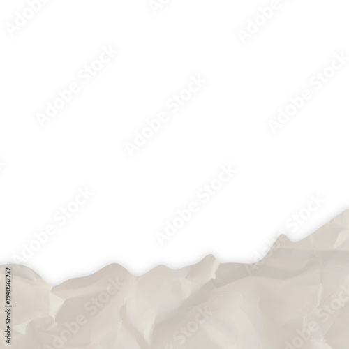 Crumpled beige paper texture with irregular, torn edge creating a border on a clean white background. Abstract design element with copy space.