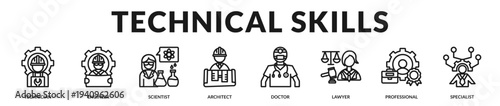 Technical skills banner highlighting certified professionals and structured applied expertise in Lineal Icon Style