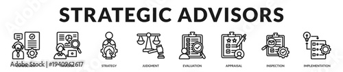 Strategic advisors banner showcasing structured evaluation and high level decision expertise in Lineal Icon Style