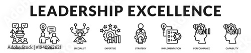 Leadership excellence banner showcasing authoritative guidance and high performance capability in Lineal Icon Style