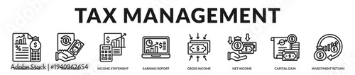 Tax management banner presenting structured fiscal compliance and optimized income reporting in Lineal Icon Style