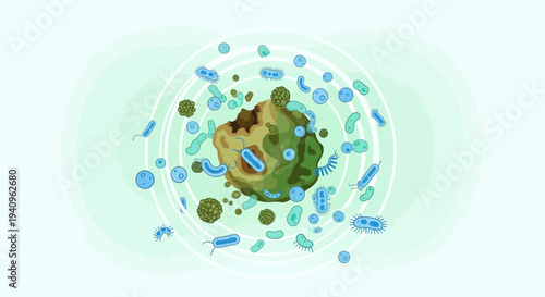Microscopic world: Bacteria and viruses surrounding a central organic mass