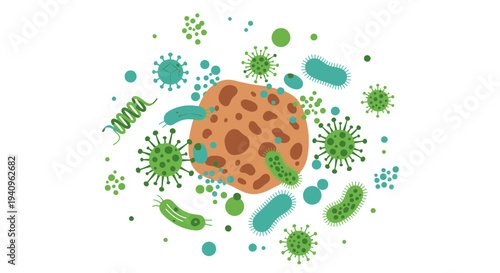 Microscopic World: Bacteria, Viruses, and DNA illustration on white background