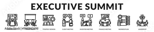 Executive summit banner highlighting high level corporate discussions and strategic decision making environments in Lineal Icon Style