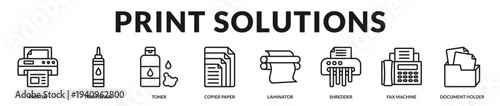 Print solutions banner showcasing advanced output equipment and secure document handling systems in Lineal Icon Style