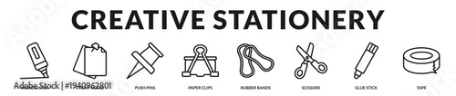 Creative stationery banner featuring precision crafting tools and structured annotation accessories for productive workspaces in Lineal Icon Style