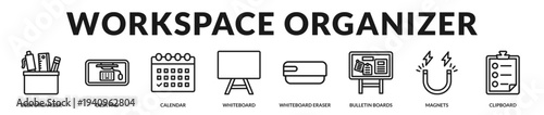 Workspace organizer banner presenting structured planning accessories for streamlined administrative efficiency in Lineal Icon Style