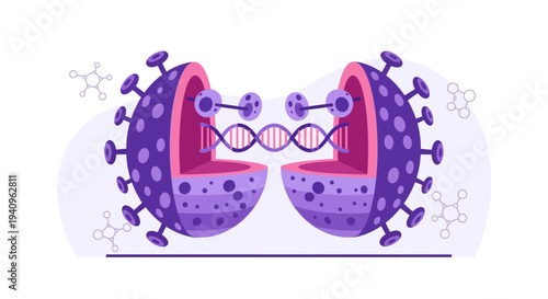 Virus DNA structure, genetic mutation, scientific research, pandemic concept illustration