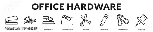 Office hardware banner featuring essential fastening and assembly tools for structured administrative tasks in Lineal Icon Style