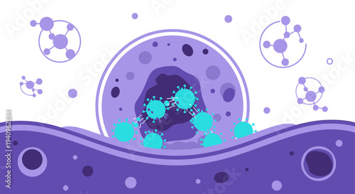 Virus invading cell, microscopic view, scientific illustration, disease research concept
