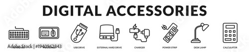 Digital accessories banner presenting integrated desktop utilities and structured technology support tools in Lineal Icon Style