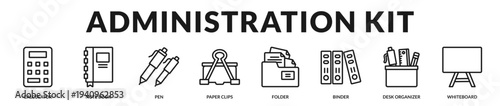 Administration kit banner showcasing coordinated office instruments for structured professional operations in Lineal Icon Style