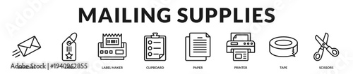 Mailing supplies banner highlighting structured correspondence preparation and professional dispatch management in Lineal Icon Style