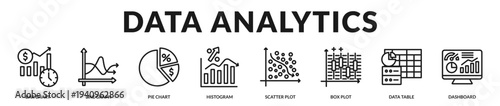 Data analytics banner showcasing comprehensive quantitative visualization and structured statistical interpretation tools in Lineal Icon Style