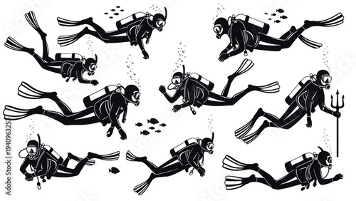 Collection of divers in various poses exploring the underwater world.