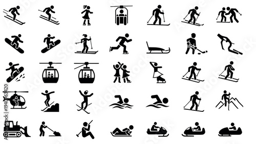 Diverse collection of winter and summer sports activity icons.