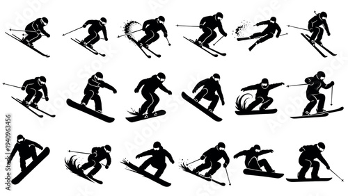 Dynamic Silhouettes of Skiers and Snowboarders in Action.