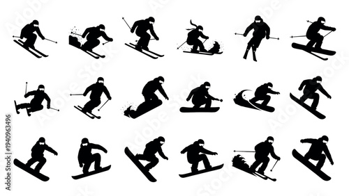 Dynamic Silhouettes of Skiers and Snowboarders in Action.