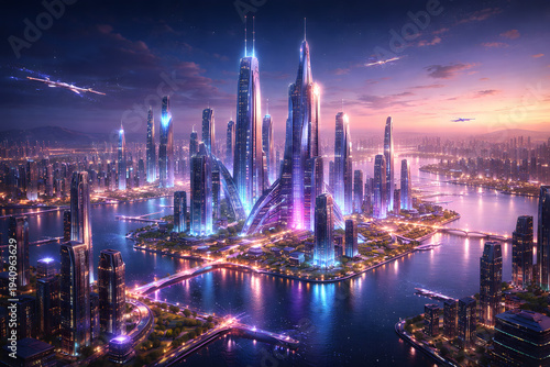 Futuristic Smart City Skyline with Advanced Urban Architecture and Digital Innovation