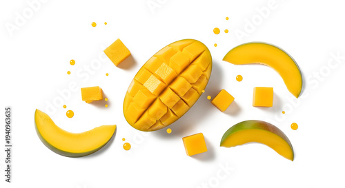 Vibrant mango slices and chunks floating in air isolated on transparent background, cutout PNG, best for graphic design projects, advertising, marketing materials and packaging design