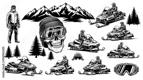 Snowmobile Adventure Collection with Rider, Skull, and Mountain Landscape.