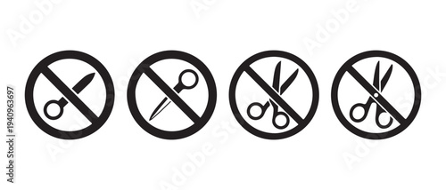 Set of prohibition signs with scissors crossed out, indicating no cutting or sharp objects.