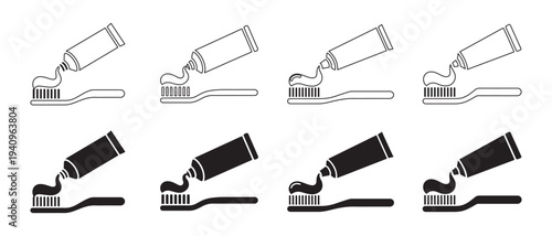 Toothpaste and Toothbrush Icons Set. Black and White Line Art and Solid Silhouettes.