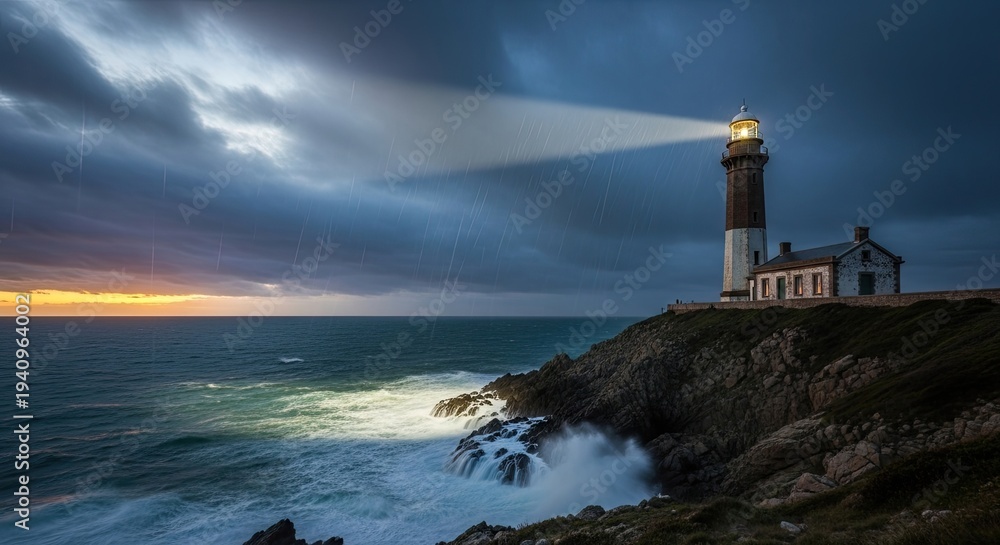 Obraz premium A tall, dark lighthouse stands dramatically on a rocky coastline during a stormy evening.