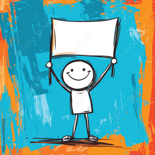 Smiling stick figure character holding a blank white flag, standing against an abstract blue and orange background, ready for a new message or beginning