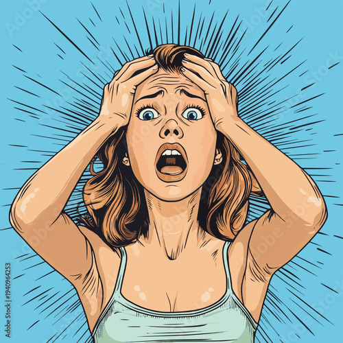 Stressed and overwhelmed woman holding her head and screaming in panic or frustration with an expression of intense anxiety and fear. , vector style simple color