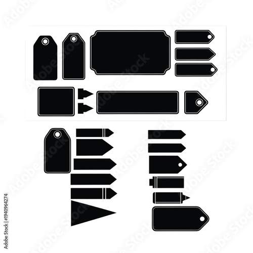 
A collection of blank black labels and tags on a white background