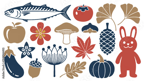 A stylized illustration collection of Japanese and Asian motifs arranged in a scattered pattern against a white background