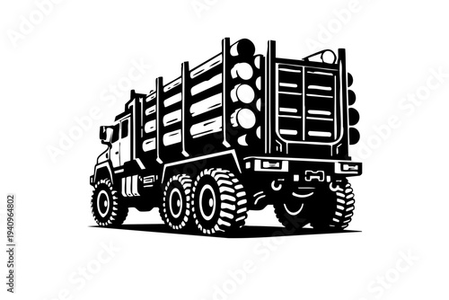 Rear three-quarter view of a logging truck showing rear support frame