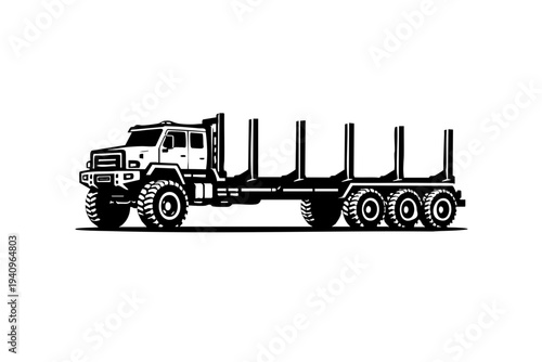 Minimal icon-style silhouette of a heavy logging truck with extended chassis