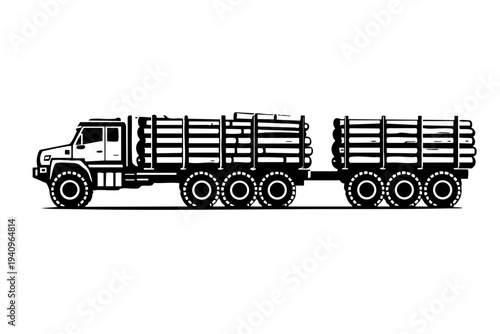 Side profile view of a heavy logging truck with extended log trailer