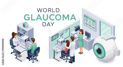 Illustration of medical professionals examining patients on World Glaucoma Day to promote eye health awareness and glaucoma prevention in a clinical setting.
