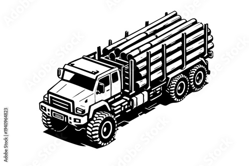 Isometric view of a heavy logging truck showing cabin geometry