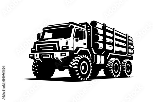 Solid black and white vector illustration of a heavy logging truck