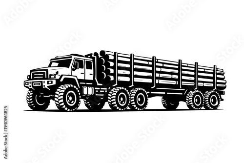 Solid black and white vector illustration of a 6x6 heavy logging truck with three axles