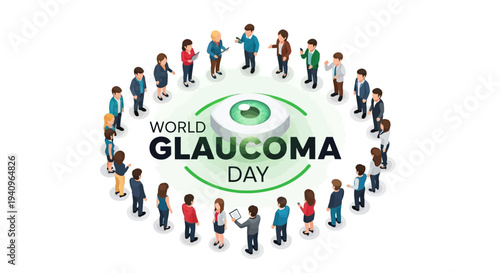 Illustration of people standing around a green and white glaucoma awareness symbol on World Glaucoma Day with a flat design style and a mix of vibrant colors conveying eye health awareness.