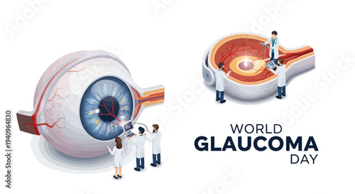 Illustration of a human eye with medical professionals and a cross-section, promoting World Glaucoma Day for eye health awareness with a professional and educational mood.