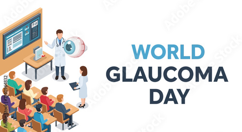 Illustration of people in a classroom setting for World Glaucoma Day with a teacher explaining glaucoma awareness and eye health.
