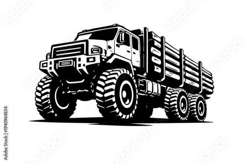 Low-angle perspective of a heavy logging truck emphasizing oversized offroad tires