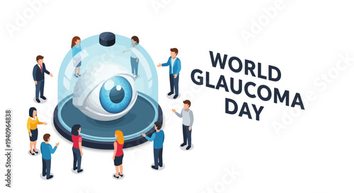 Illustration of people standing around a large eye on World Glaucoma Day with a design promoting glaucoma awareness and eye health.