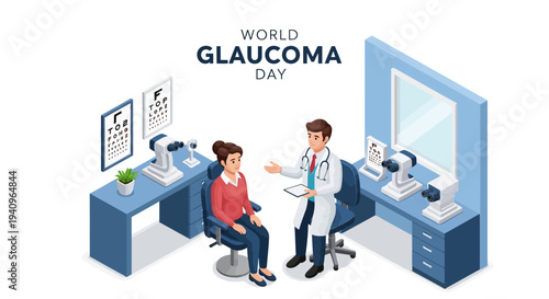 Illustration of a doctor and patient discussing glaucoma awareness in a medical office on World Glaucoma Day with eye health and disease concept.
