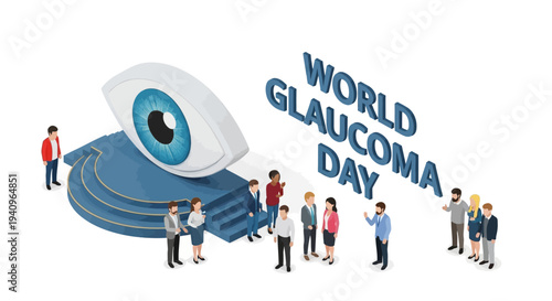 Illustration of people standing around a giant eye with the words 'World Glaucoma Day' in a bold, blue font, promoting eye health awareness and glaucoma prevention.