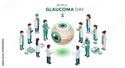 Illustration of people in medical attire surrounding a large eye with a green ribbon for World Glaucoma Day, promoting awareness and eye health with a green and blue color scheme.