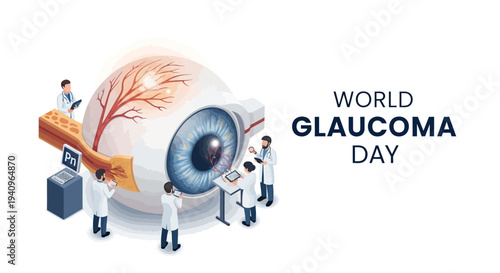Illustration of people around a giant eye for World Glaucoma Day with a design promoting glaucoma awareness and eye health.
