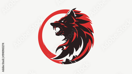 Stylized wolf head inside red circle symbol for emblem and design elements